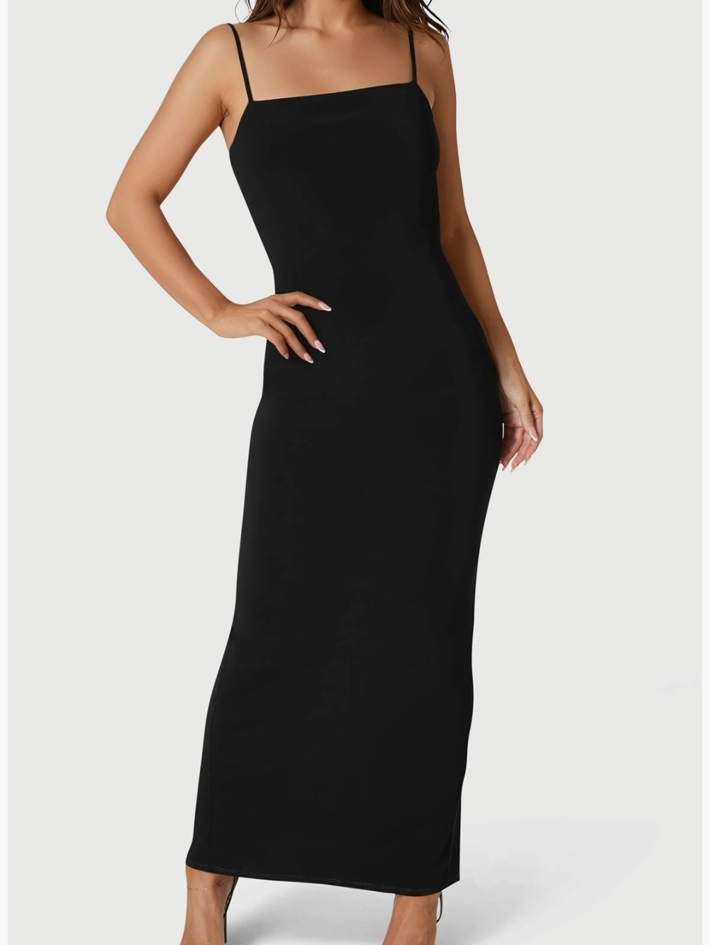 Minimalist Black Midi Accordian Slip Dress with Spaghetti Straps Size Small NWT